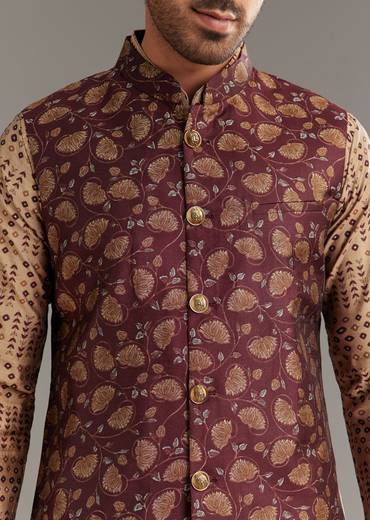 Wine Kurta Jacket Set In Modal Chanderi With Printed Design