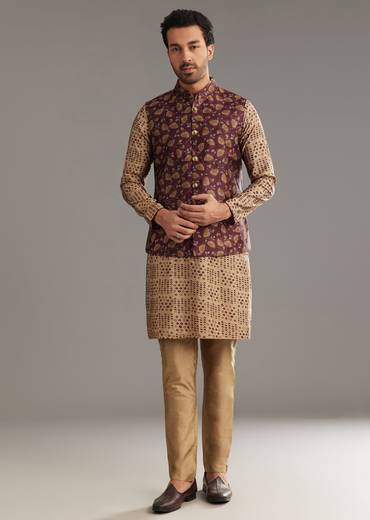 Wine Kurta Jacket Set In Modal Chanderi With Printed Design