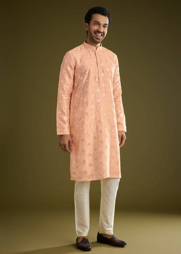 Peach Silk Blend Kurta Set With Mirror Work