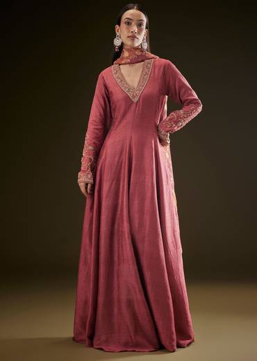 Maroon Raw Silk Embroidered Anarkali With Printed Dupatta