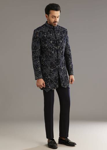 Blue Suiting Indo Western Set With Beaded Work