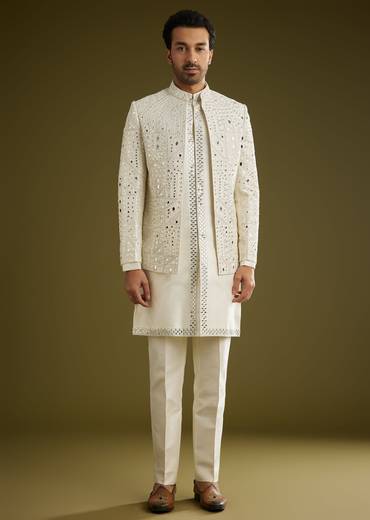 Off White Indo Western Set With Mirror And Thread Work On Silk