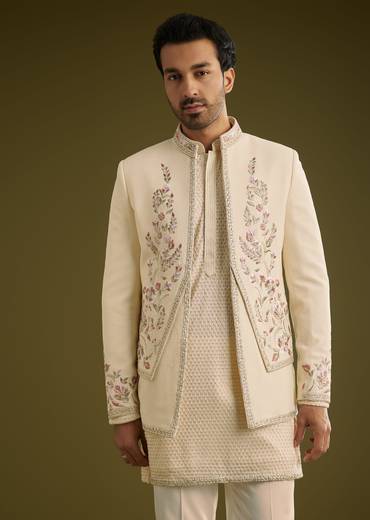Off White Silk Lucknowi Indo Western Set With Resham Threadwork