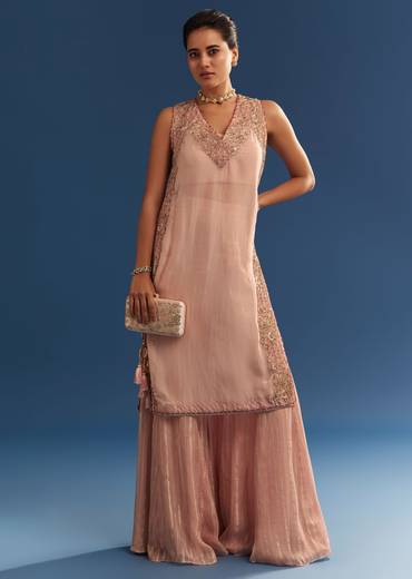 Blush Pink Organza Palazzo Set With Embroidered Kurta