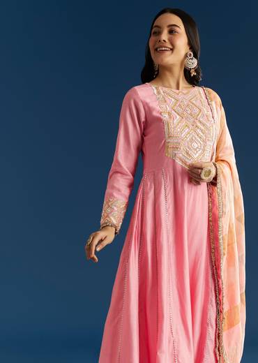 Soft Festive Couple Set – Pink Muslin Gotta Work Anarkali With Pant And Dupatta For Her And Pink Floral Print Art Silk Kurta Pant Set For Him