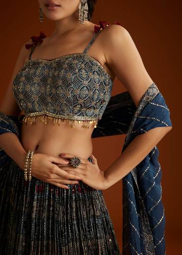 Artisan Couple Set – Indigo Modal Bridesmaid Lehenga With Ajrakh Print For Her And Blue Mirror Work Jacket Set For Him