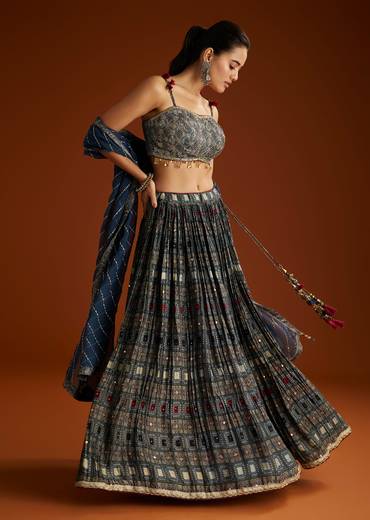 Artisan Couple Set – Indigo Modal Bridesmaid Lehenga With Ajrakh Print For Her And Blue Mirror Work Jacket Set For Him