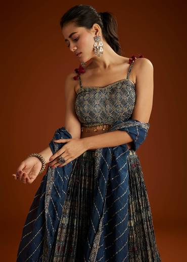 Artisan Couple Set – Indigo Modal Bridesmaid Lehenga With Ajrakh Print For Her And Blue Mirror Work Jacket Set For Him
