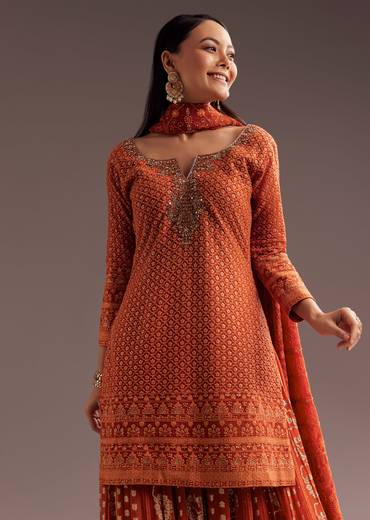 Orange Lucknowi Mirror Zardosi Kurta Palazzo Dupatta Set