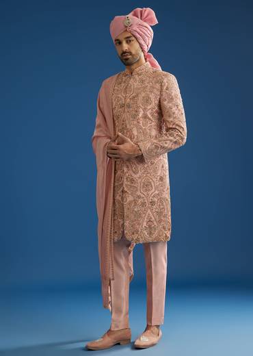 Baby Pink Tussar Sherwani Set With Cutdana Embroidery And Organza Dupatta