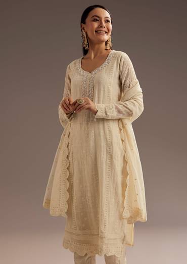 Off White Thread Motiwork Chanderi Kurta Dupatta Set