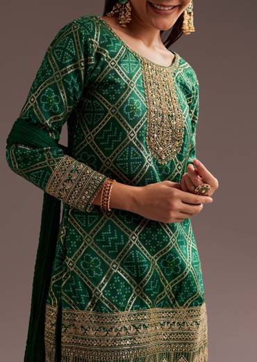 Dark Green Bandhani Zardosi Kurta Sharara Dupatta Set