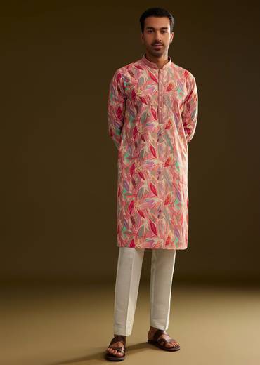 Pink Silk Leaf Printed Kurta Set