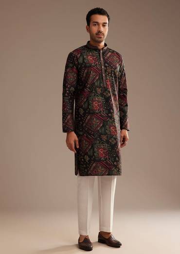Black Multi Color Linen Abstract Printed Kurta Set