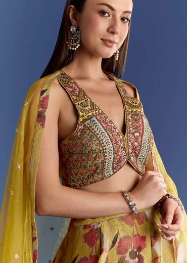 Yellow Tissue Lehenga Set With Zardosi Choli And Sequins Dupatta