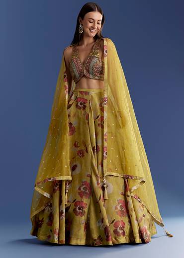 Yellow Tissue Lehenga Set With Zardosi Choli And Sequins Dupatta