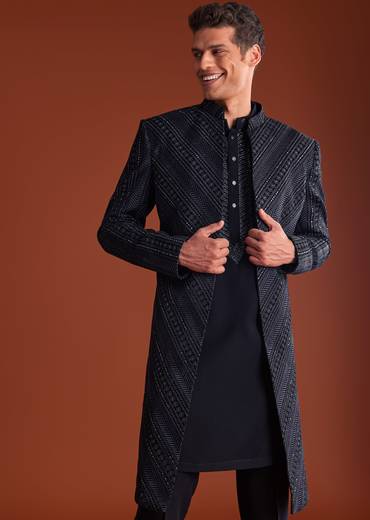 Blue Velvet Indowestern Suit With Cutdana And Thread Work