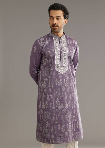 Purple Silk Vine Motif Threadwork Kurta Set