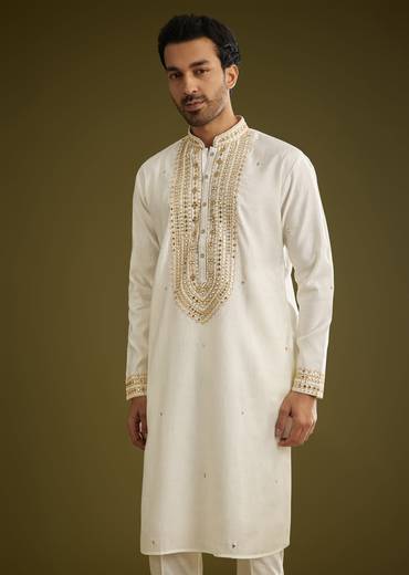 Off White Silk Kurta Set With Mirror Thread Embroidered Yoke