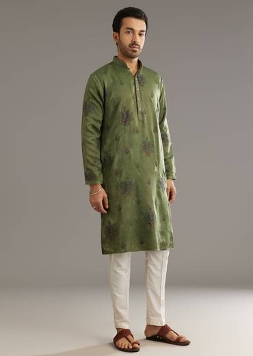 Green Silk Kurta Set With Printed Artwork