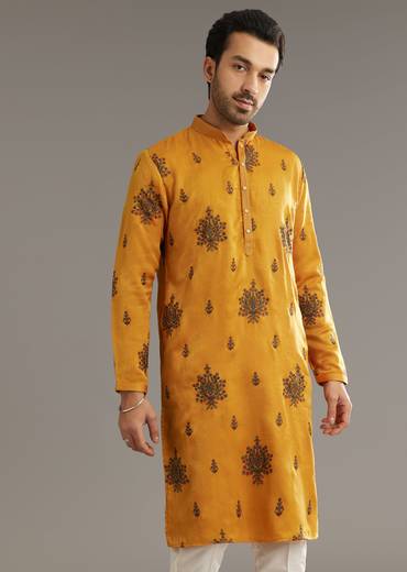Yellow Silk Kurta Set With Artistic Print