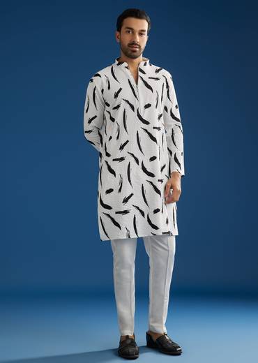 White Silk Kurta Set With Abstract Prints