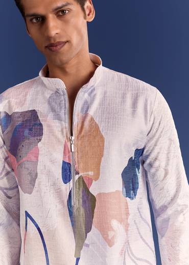 Multicolour Silk Kurta Set With Abstract Print