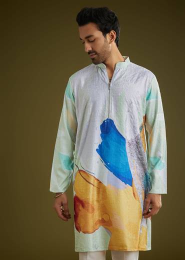 Multicolor Linen Abstract Printed Zipper Kurta Set