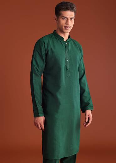 Bottle Green Silk Kurta Jacket Set With Multi Thread And Mirror Work