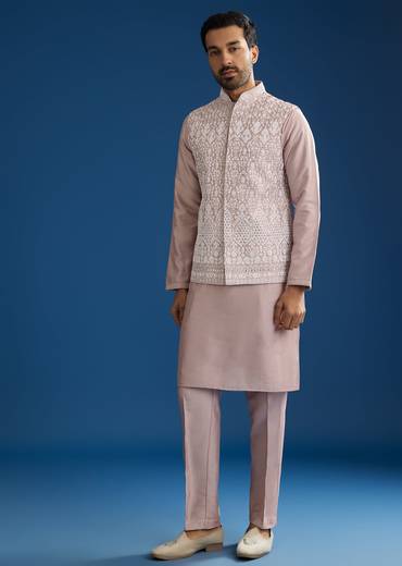 Lilac Cotton Silk Jacket Kurta Set With Mirror And Dori Embroidery