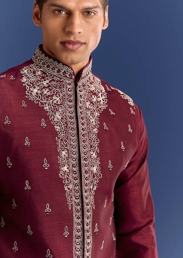 Red Cotton Silk Kurta Jacket Set With Mirror And Thread Work
