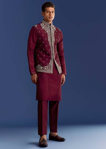 Red Cotton Silk Kurta Jacket Set With Mirror And Thread Work
