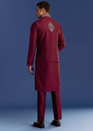 Red Cotton Silk Kurta Jacket Set With Mirror And Thread Work