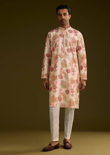 Elegant Festive Couple Set – Peach Banarasi Tissue Saree with Cutdana Belt for Her And Off-White Silk Motif Kurta Set for Him