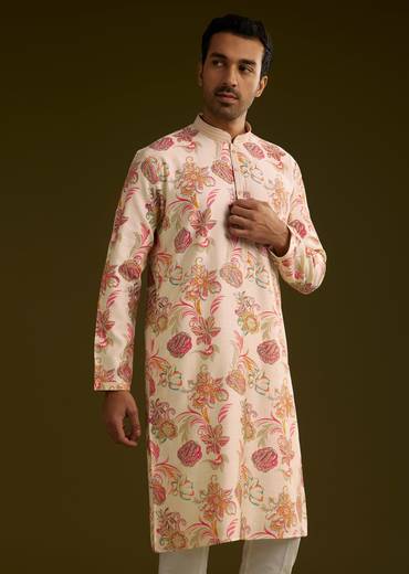 Elegant Festive Couple Set – Peach Banarasi Tissue Saree with Cutdana Belt for Her And Off-White Silk Motif Kurta Set for Him