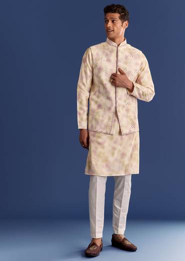 Pink Cotton Silk Tie Dye Printed Kurta Jacket Set With Mirror Work