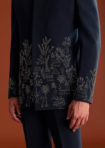 Navy Blue Jodhpuri Suit In Lachkaa Fabric With Hand Embroidery