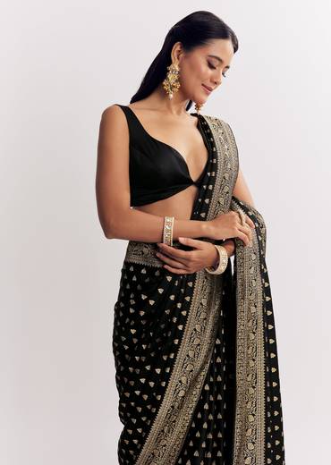 Black Dola Silk Saree With Woven Butti Work Border