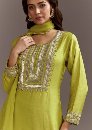 Green Beads And Sequins Work Kurta Set With Organza Dupatta