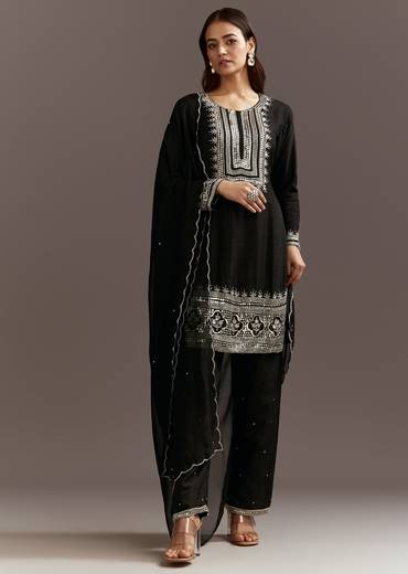 Black Beads And Sequins Work Kurta Set With Organza Dupatta