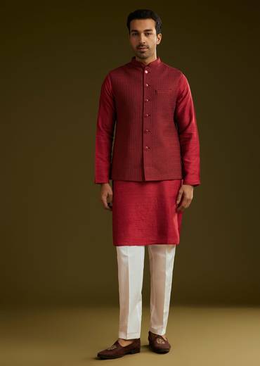 Red Rayon Kurta Jacket Set
