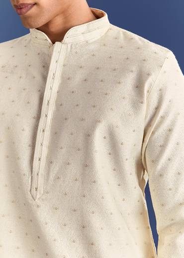 Beige Benaras Jacquard Kurta Set With Print