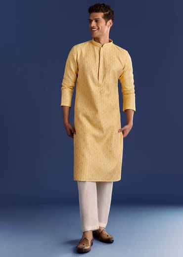 Yellow Benaras Jacquard Kurta Set With Print
