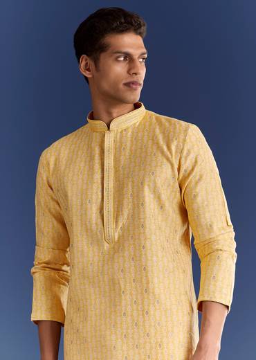 Yellow Benaras Jacquard Kurta Set With Print