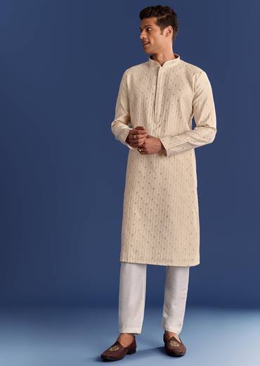 Beige Printed Benaras Jacquard Kurta Set