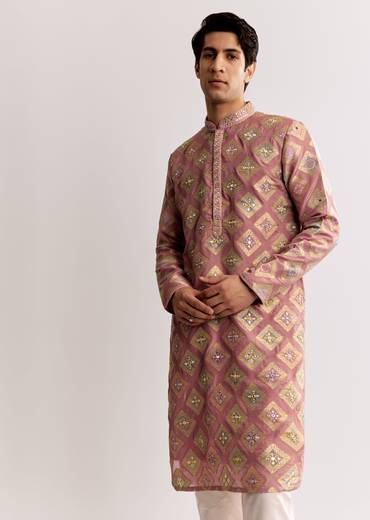 Elegant Couple Set – Light Pink Banarasi Silk Lehenga Set with Embroidered Choli for Her And Pink Silk Kurta Set with Mirror Geometric Print for Him