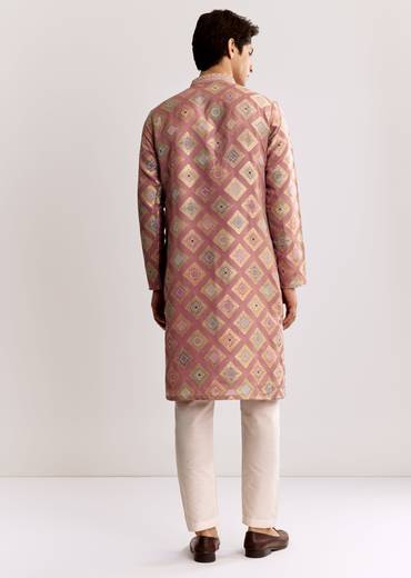 Elegant Couple Set – Light Pink Banarasi Silk Lehenga Set with Embroidered Choli for Her And Pink Silk Kurta Set with Mirror Geometric Print for Him