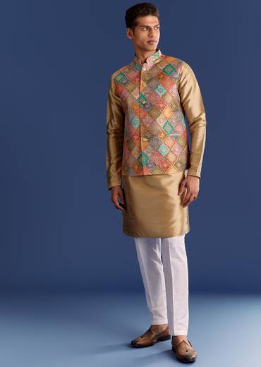 Multi Brocade Kurta Jacket Set With Symmetric Prints