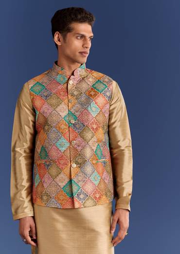 Multi Brocade Kurta Jacket Set With Symmetric Prints