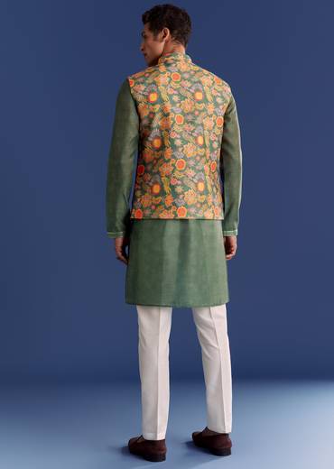 Green Kurta Jacket Set With Floral And Vine Prints